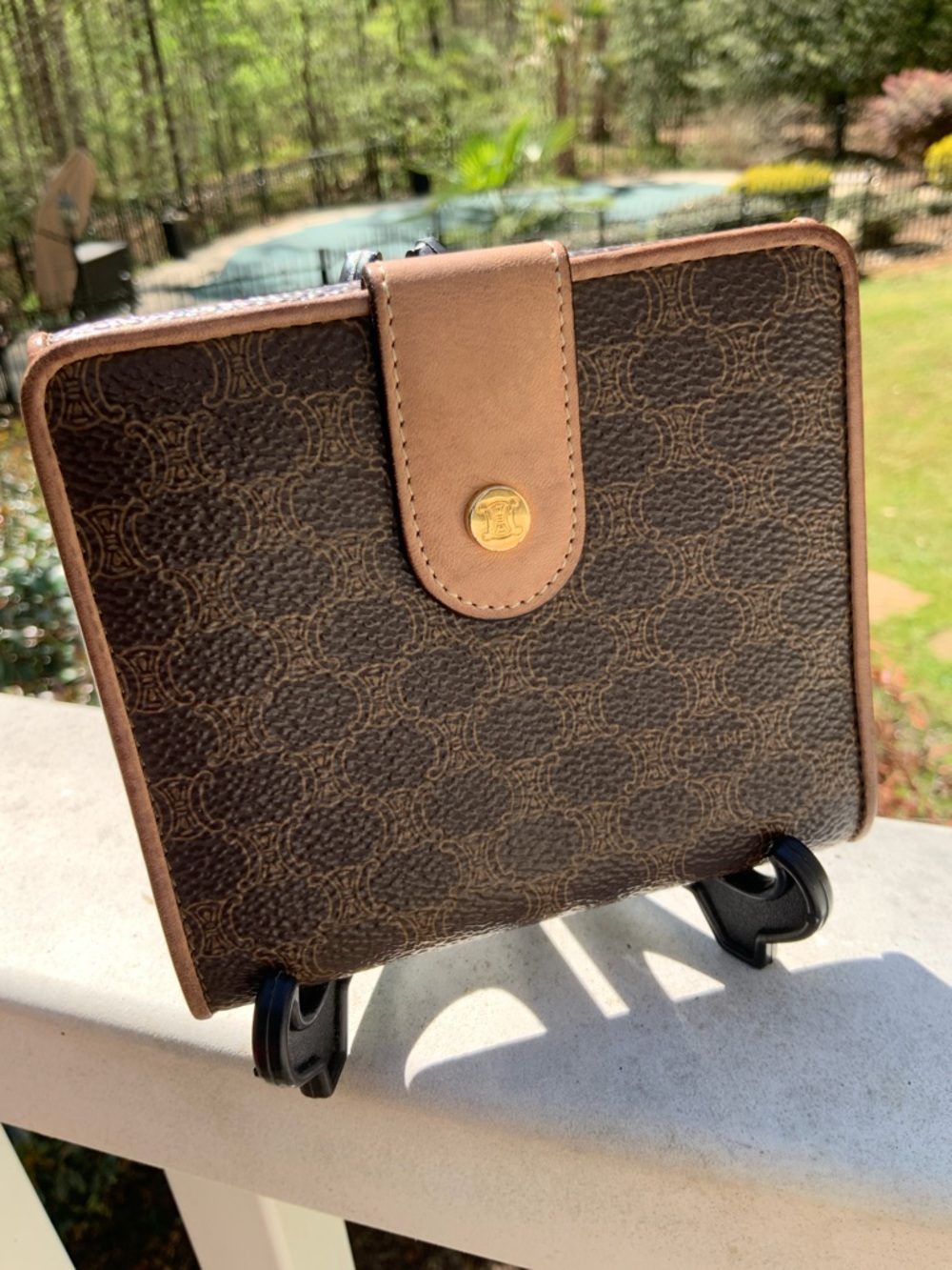 Celine Brown Patterned Leather Compact Wallet with Tan Trim - Picture 5 of 16